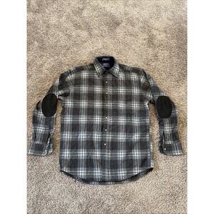 Pendleton Trail Shirt Virgin Wool Blue Gray Plaid Elbow Patches Men's Size Large